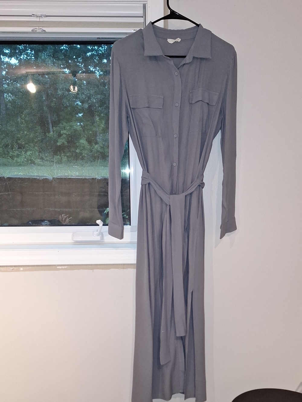 lovestitch Gray Long-Sleeve Maxi Shirt Dress with Tie Waist